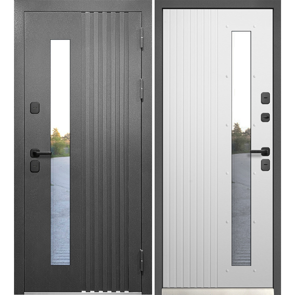 Дверь входная с терморазрывом Ferroni Luxor Termo Рейка правая графит серый муар - эмалит белый со стеклопакетом 960х2050 мм